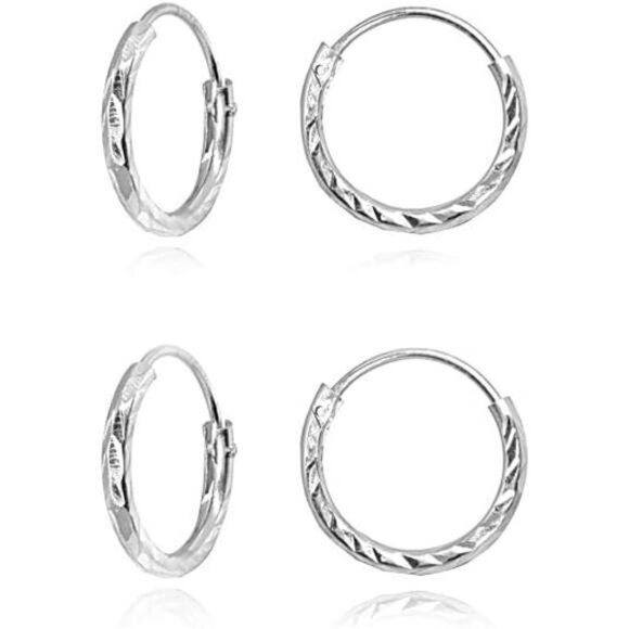Jewelry - 2 Pair Set Sterling Silver Diamond-Cut Tiny Small Endless Thin Round Unisex